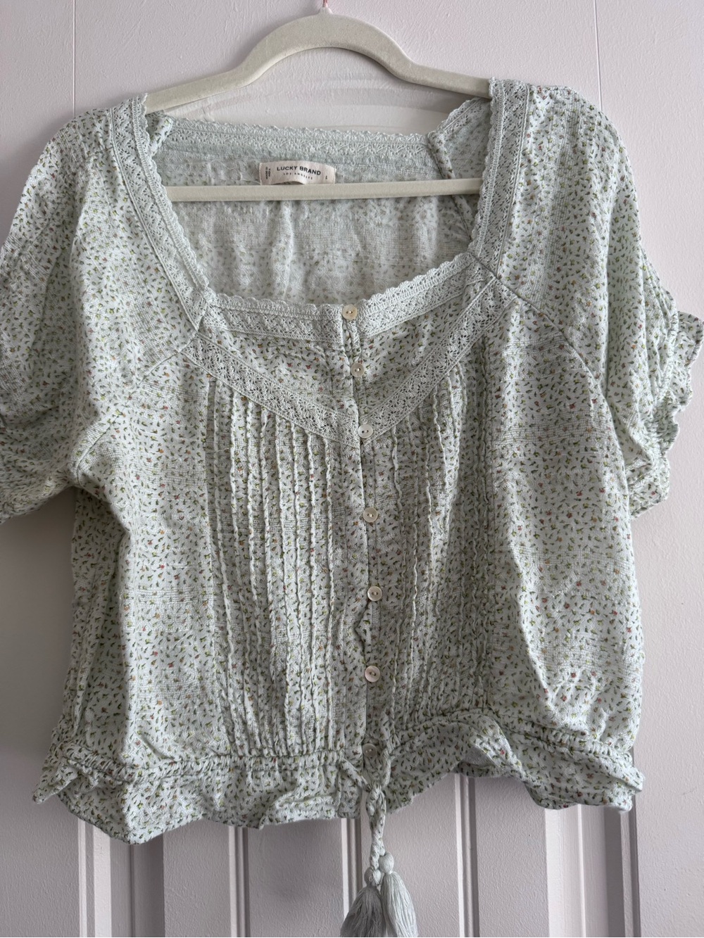 Lucky Brand Sage Green Floral Lace-Trim Button Front Blouse